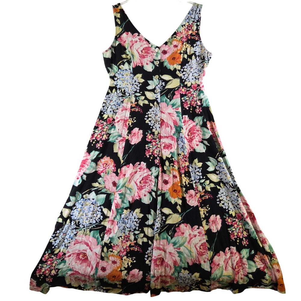 Vintage Express Floral Midi Dress Black Pink 90s Button Front Smocked Size 9/10